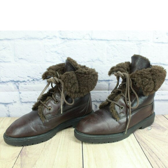 *Santana Brown Leather Lace Up Fur Cuff Paddock Ankle Boots Size 10.5 Inches - Picture 2 of 9
